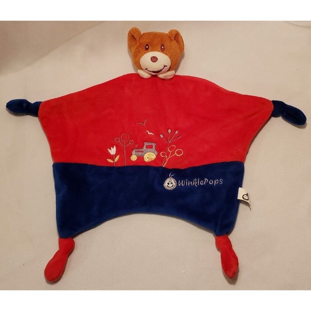 Teddy Bear Tractor Lovey Knot Cornered Security Blanket Red Blue Baby Winklepops